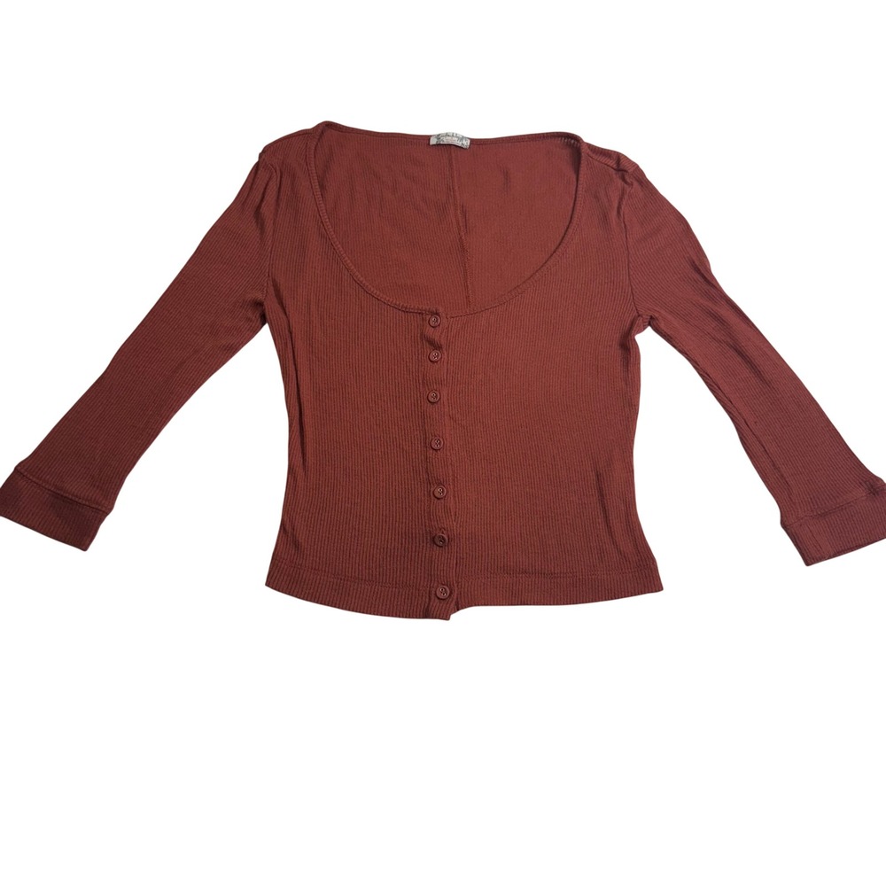 Free People Intimately Top Womens XS Rust Ribbed Scoop Neck Button Up